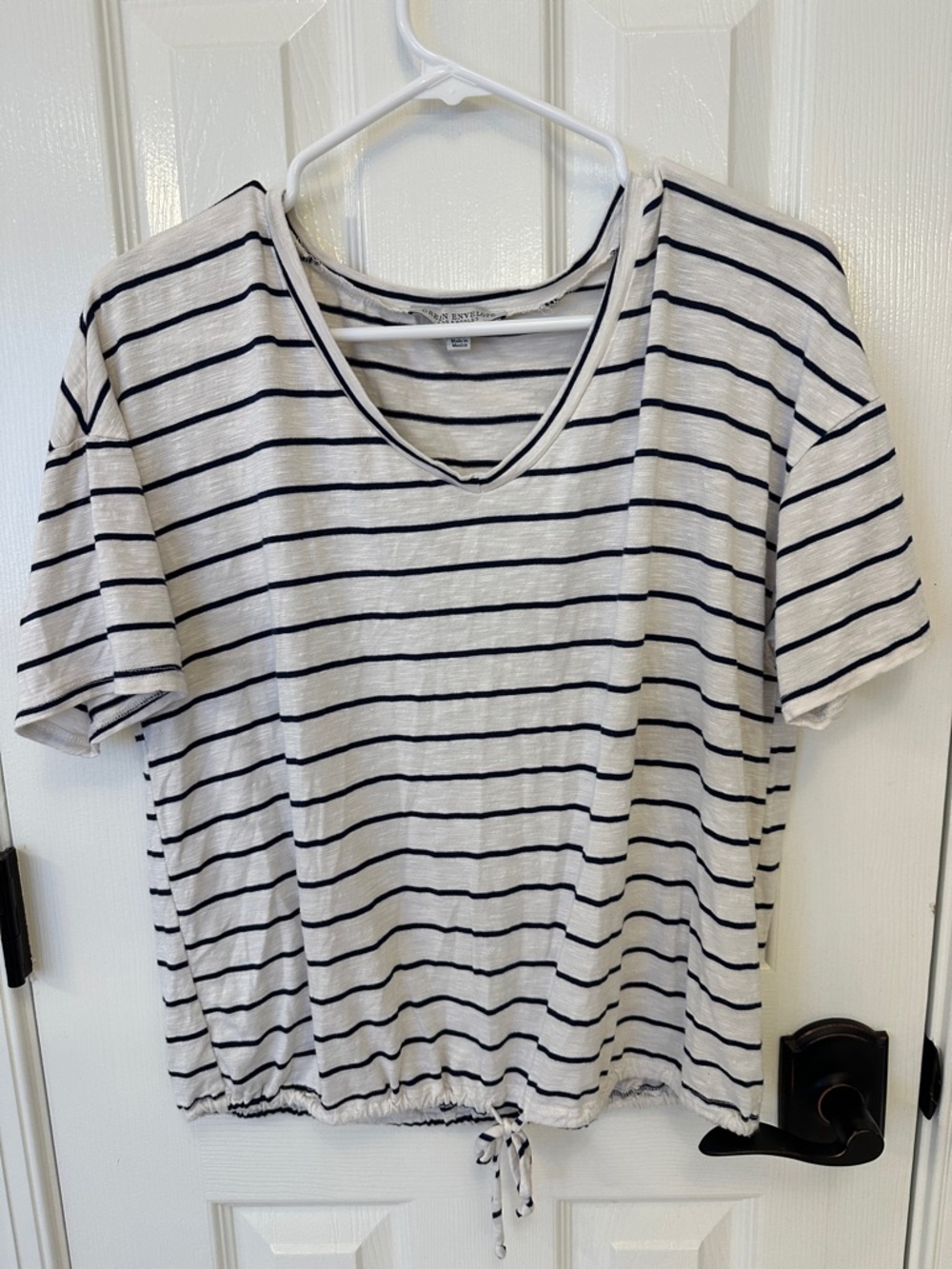 Green Envelope White and Navy Striped V-Neck Tie-Hem Short Sleeve Top